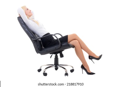 Happy Sexy Business Woman Sitting On Office Chair Isolated On White Background