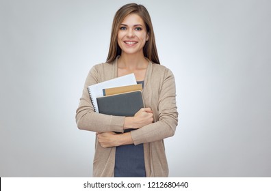 Happy Shcool Teacher Holding Books. Isolated Professional Portrait.