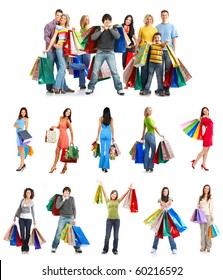 Happy Shopping People. Isolated Over White Background