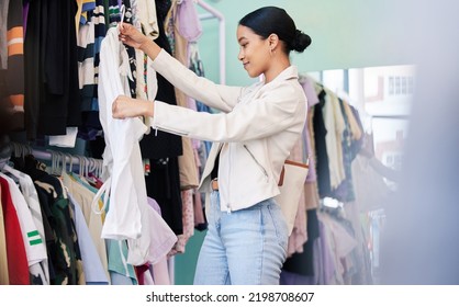 Happy, Shopping And Woman Search With Smile In Shop, Retail And Mall For Fashion Clothes In Store. Designer, Customer And Small Business Girl Spending Money On Brand Clothing Or Black Friday Sale