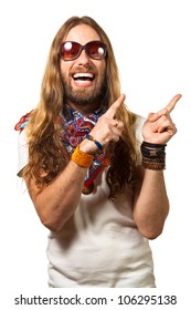 Happy And Silly Man Dressed Like A Hippy Pointing Up At Copyspace. Isolated On White.