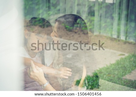 Similar – Woman with sunglasses raising her arms over nature background