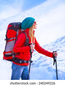 Happy Skier Girl Enjoying View On Beautiful Mountains Covered With Snow, Active Lifestyle, Luxury Ski Resort, Winter Sport Concept