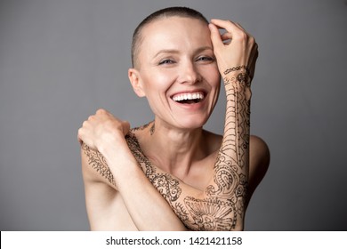 Happy Skinhead Woman Portrait Happy Smiling