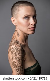 Happy Skinhead Woman Portrait Studio Short