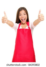 Happy Small Business Owner Excited In Red Apron Showing Thumbs Up Success Sign Isolated On White Background.