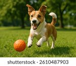 A happy small dog joyfully runs through a green park chasing an orange ball, ears flapping and tail wagging, full of energy on a bright sunny day, surrounded by trees and grass.