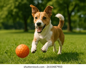 A happy small dog joyfully runs through a green park chasing an orange ball, ears flapping and tail wagging, full of energy on a bright sunny day, surrounded by trees and grass.