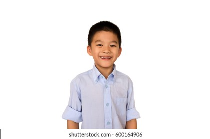 Happy And Smart Asian Boy Isolated On White Background.