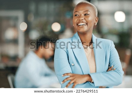 Happy, smile and arms crossed with black woman in office for leadership, management and development. Vision, inspiration and mission with female employee for growth, motivation and empowerment