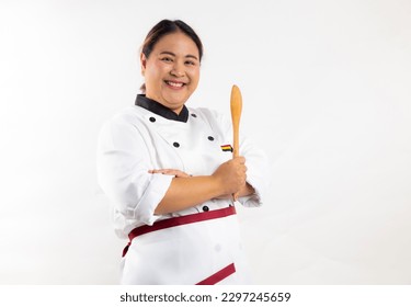 Happy smile Asian obese woman head chef wearing cooking uniform, holding wood ladle kitchen tool standing isolated on white background. Gastronomy expert. Professional cooking, culinary and people - Powered by Shutterstock