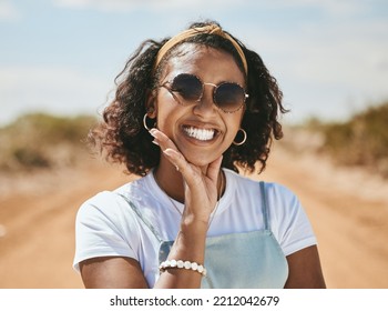 Happy, Smile And Black Woman On A Travel Road Trip Break In The Summer Sunshine In Nature. Portrait Of A Person From Texas Face With Happiness And Vacation Fun Outdoor In The Sun Feeling Freedom