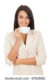 happy smile business woman hold cup of coffee isolated over white background
