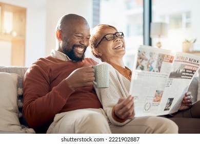 Happy, smile and couple reading a newspaper while relaxing on a sofa in the living room of their home. Happiness, love and mature interracial people laughing, resting and bonding together at a house. - Powered by Shutterstock