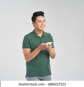 Happy Smile Face Of Handsome Asian Man Use Smartphone.