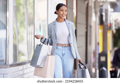 Happy, Smile And Fashion Woman Shopping For New Clothes In Style And Buying Modern Outfits With Her Money. Fun, Lifestyle And Young Shopper Walking Outside Of A Retail Store Smiling With Happiness