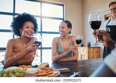 Happy, Smile And Friends Drinking Wine And Eating Healthy, Fresh And Organic Meal With Toasted Bread On A Food Table Together. Diversity, Glass, And Relaxed People Laughing At A Luxury Dining Party