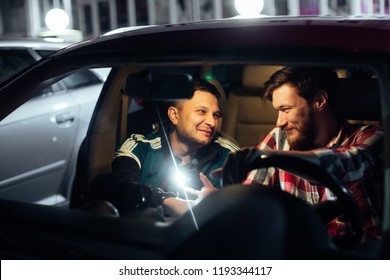 Happy Smile Homosexual Couple Inside Of Car In Night