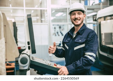 happy smile thumbs up engineer worker work with CNC Lathe Machine in modern metal factory - Powered by Shutterstock