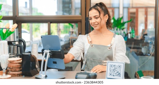 Happy smile waitress standing at restaurant, Young professional business woman attend new customers in her coffee shop, Business owner cheerful successful to welcome, Selling eatery to cafes customers