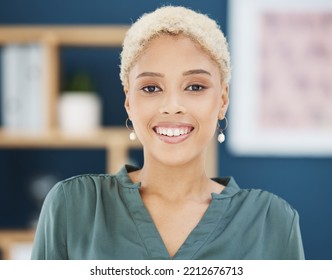 Happy, Smile And Young Black Business Woman, Entrepreneur And Employee In Modern Office Of New York. Portrait Face Of Creative Startup Manager Working Motivation, Vision And Trust In Marketing Agency