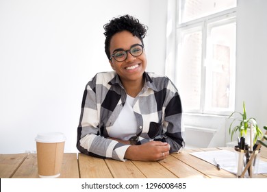 Happy Smiling African Teen Girl Looking At Camera Webcam Making Video Conference Call, Friendly Black Woman Communicating Online Or E-coaching, Distance Job Interview, Headshot Portrait