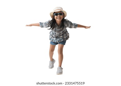 Happy smiling asian little girl spread out your arms, Full body isolated on white background, Clipping Paths for design work