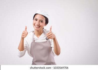 Happy Smiling Asian Woman Pointing Accepting Ok Okay Yes Good Thumb Up, Domestic Worker Pointing Thumb Up, Woman Housekeeper, Girl Shopkeeper, Housewife Pointing Thumb Up, Girl Cleaner Suggesting