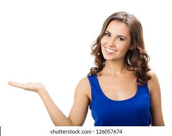 Happy Smiling Beautiful Young Woman Showing Copyspace Or Something, Isolated Over White Background