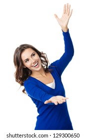 Happy Smiling Beautiful Young Woman Carring, Holding Or Showing Something Transparent Or Visual Imaginary, Isolated Over White Background