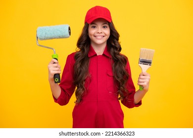 Happy Smiling Builder In Building Uniform And Cap. Painter With Painting Brush Tool Or Paint Roller. Worker Isolated On Yellow Background. Kids Renovation Concept.