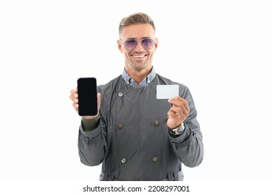 Happy Smiling Business Man Businessman Ceo Showing Smartphone And Debit Credit Payment Card