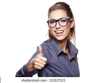 Happy smiling business woman with thumbs up gesture