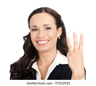 Happy Smiling Cheerful Young Business Woman Showing Three Fingers, Isolated Over White Background