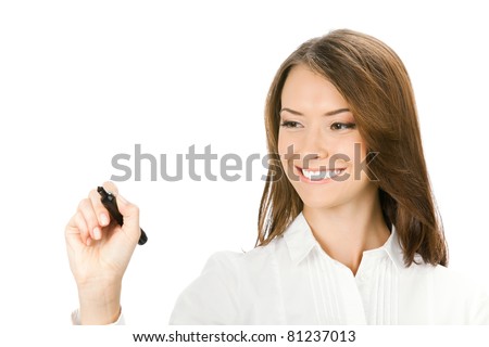 Happy smiling cheerful young business woman writing or drawing on screen with black marker, isolated on white background