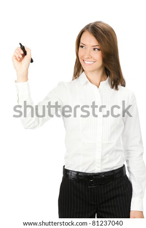 Happy smiling cheerful young business woman writing or drawing on screen with black marker, isolated on white background
