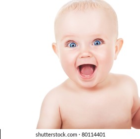 happy smiling child with blue eyes on white background