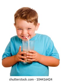 Happy Smiling Child Drinking Chocolate Milk Isolated On White