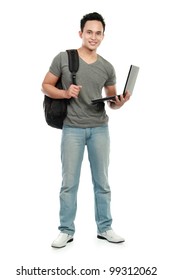 Happy Smiling College Student With Laptop Isolated On White Background