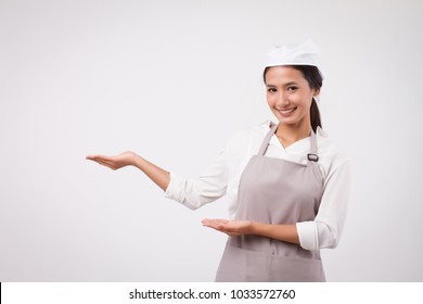 Happy Smiling Confident Asian Woman Pointing Up, Domestic Worker Pointing, Domestic Helper, Woman Housekeeper, Girl Shopkeeper, Housewife Pointing Up, Girl Cleaner Suggesting, Woman Maid, Girl Cleaner