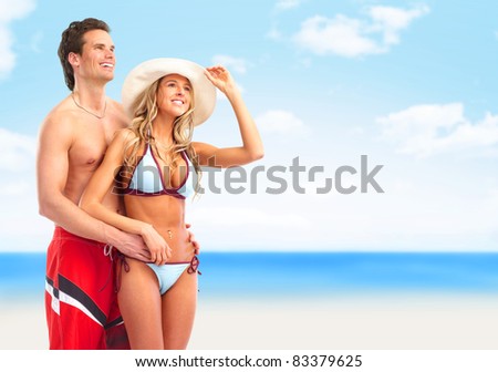 Happy smiling couple in love. Summer vacation.