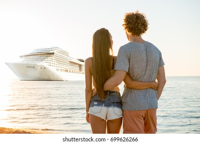 Happy smiling couple who travel by cruiseship. Concept of holiday and summertime