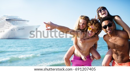 Happy smiling couples who travel by cruiseship. Concept of holiday and summertime