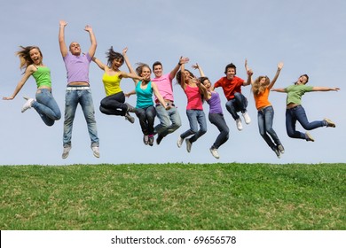 Happy Smiling Diverse Group Of Jumping Teenager People