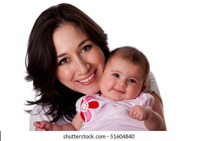 Happy Smiling Family, Caucasian Hispanic Mother Together With Cute Baby Infant Daughter, Isolated.