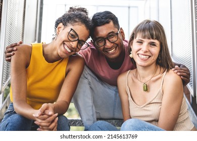 Happy And Smiling Friends Of Generation Z, Portrait Of One Boy And Two Girl Looking At The Camera