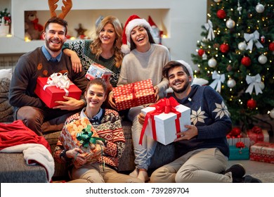 Happy Smiling Friends Sharing Christmas Gifts Stock Photo (Edit Now ...