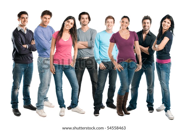 白い背景に一列に並ぶ幸せな笑顔のラテン語の友達グループ の写真素材 今すぐ編集