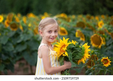 Happy smiling little girl holding big sunflower bouquet. Child playing with sunflowers. Kids picking fresh sun flowers gardening in summer day.