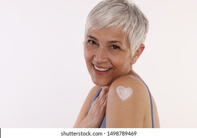 Happy Smiling Mature Woman Portrait On White Background. Aging Gracefully, Learning To Love My Wrinkles And Embrace Ageing